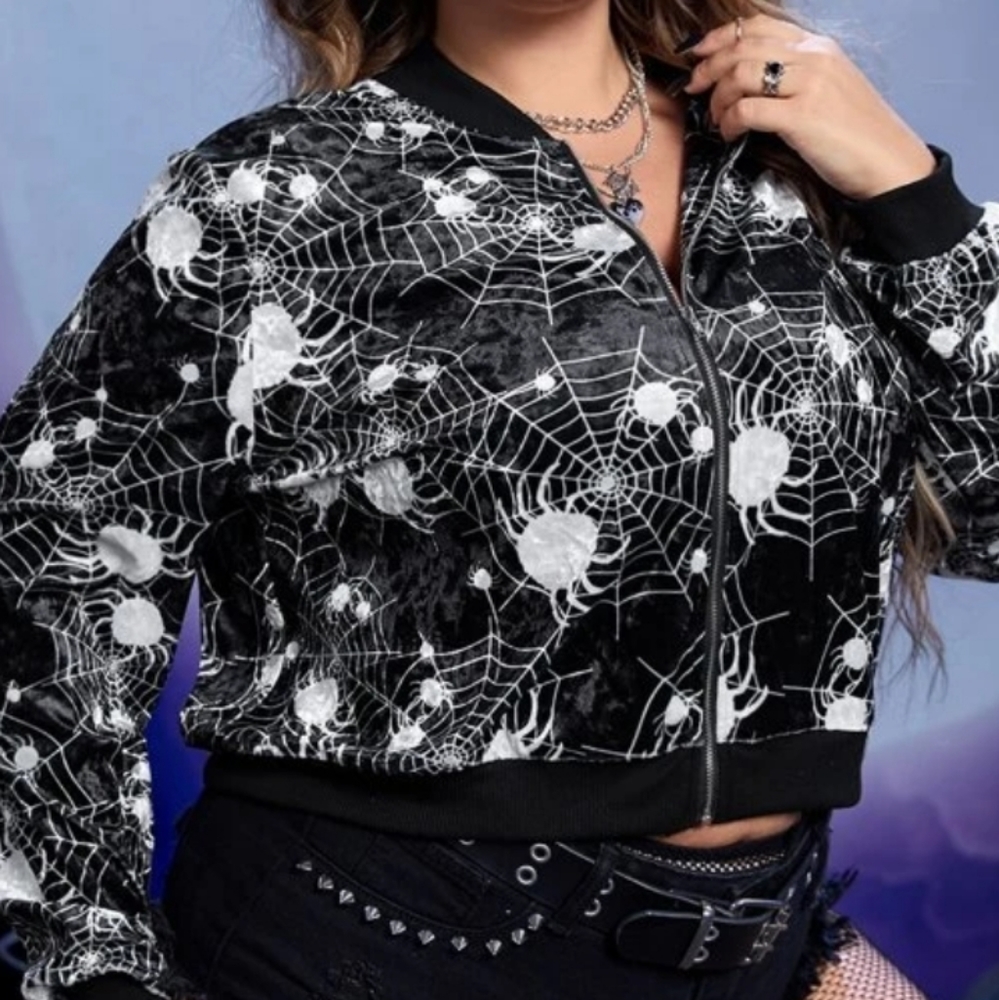 New Spider Web Print Velet Crop Bomber Jacket Sz 14